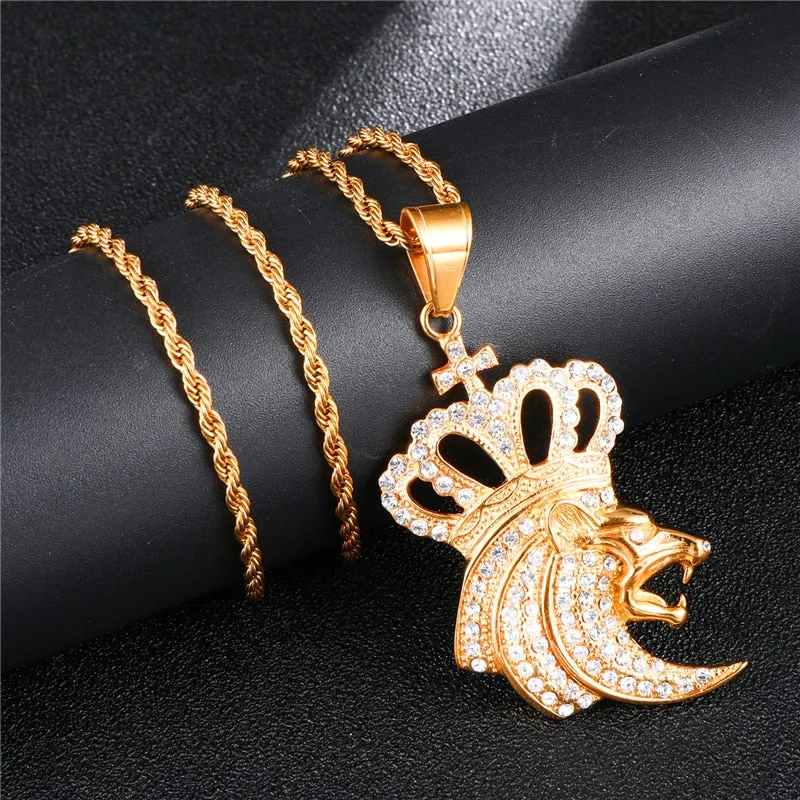 Rhinestone-Studded Gold-Plated Lion King Crown Bling 316L Stainless Steel Hip-hop Pendant Necklace