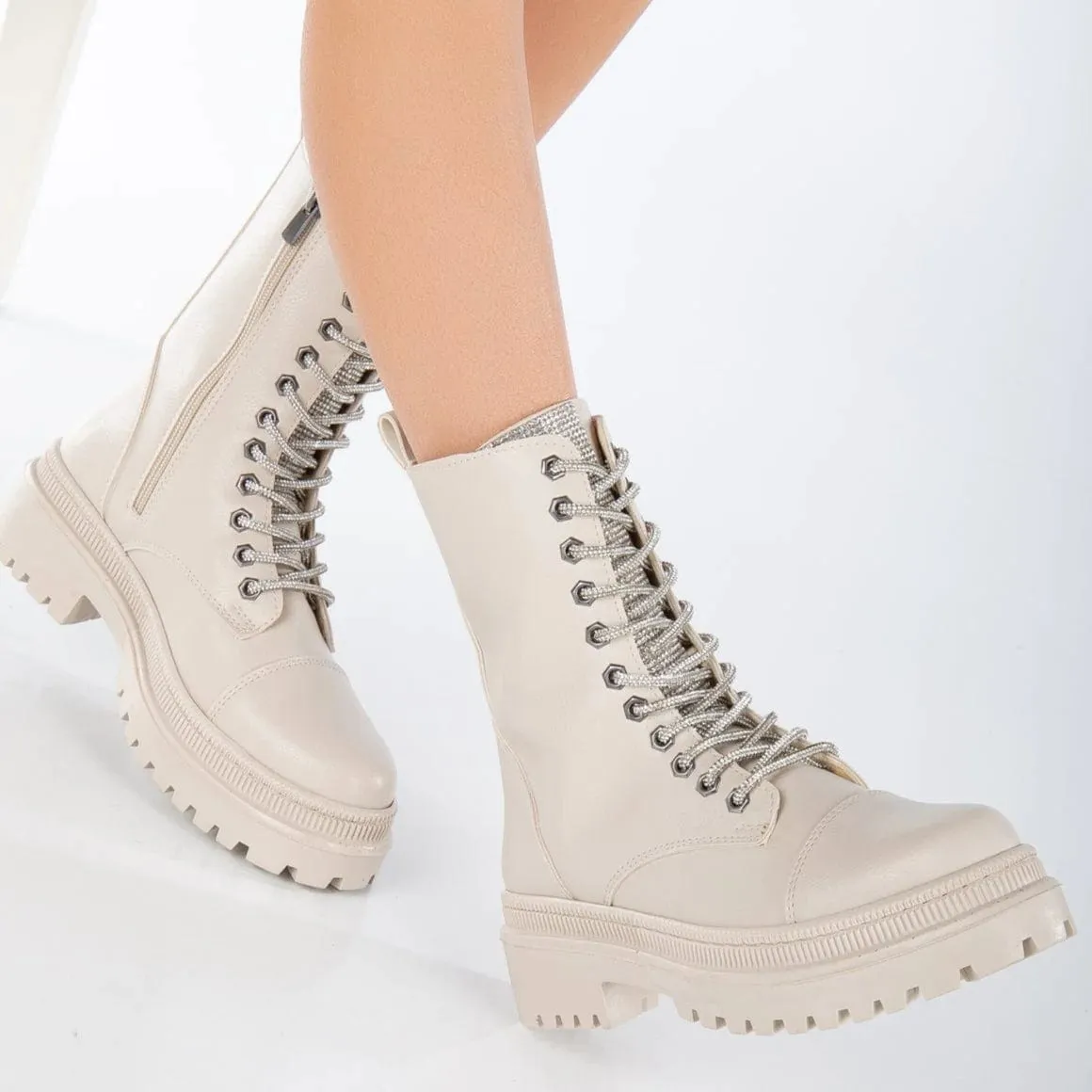 Selene Vegan Leather Glitter Lace Up Combat Boots | Beige