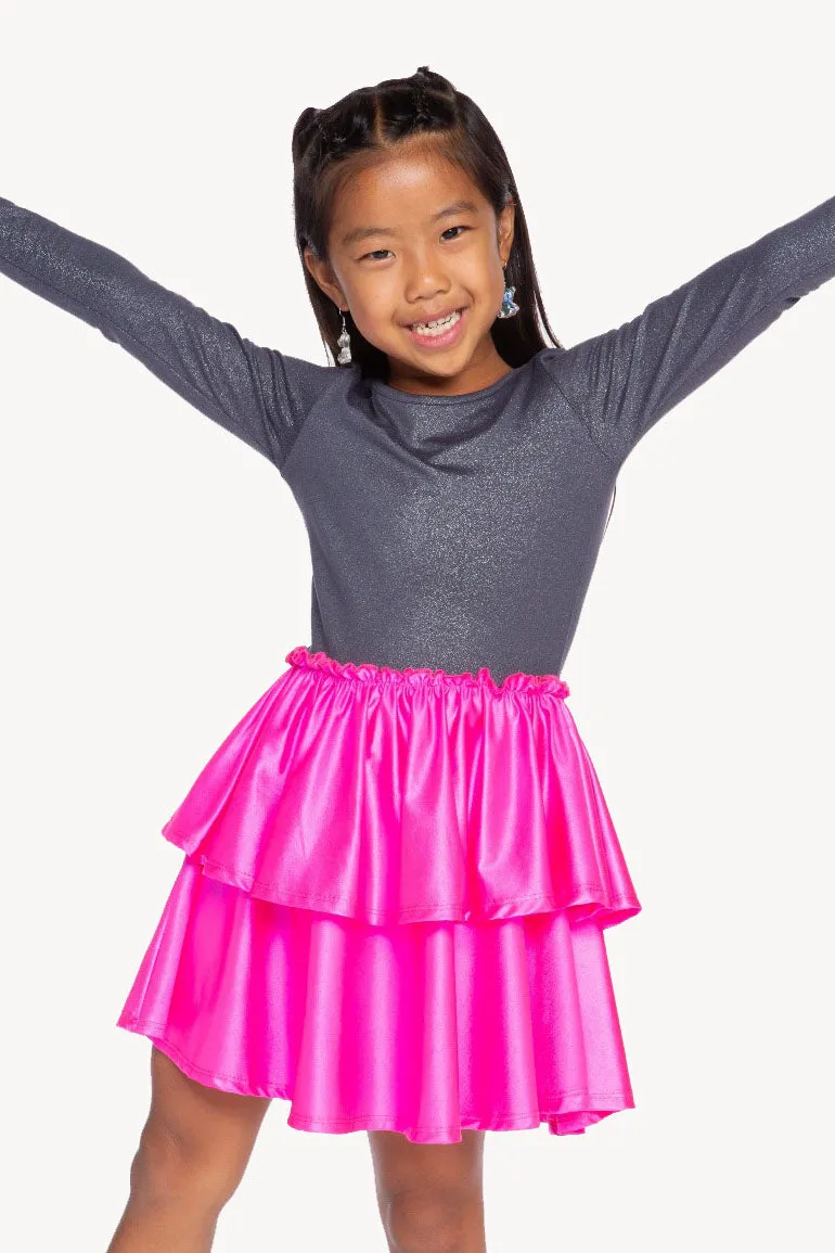 Simply Soft Long Sleeve Ruffle Skirt Be Happy Dress - Foggy Foil Pink Liquid