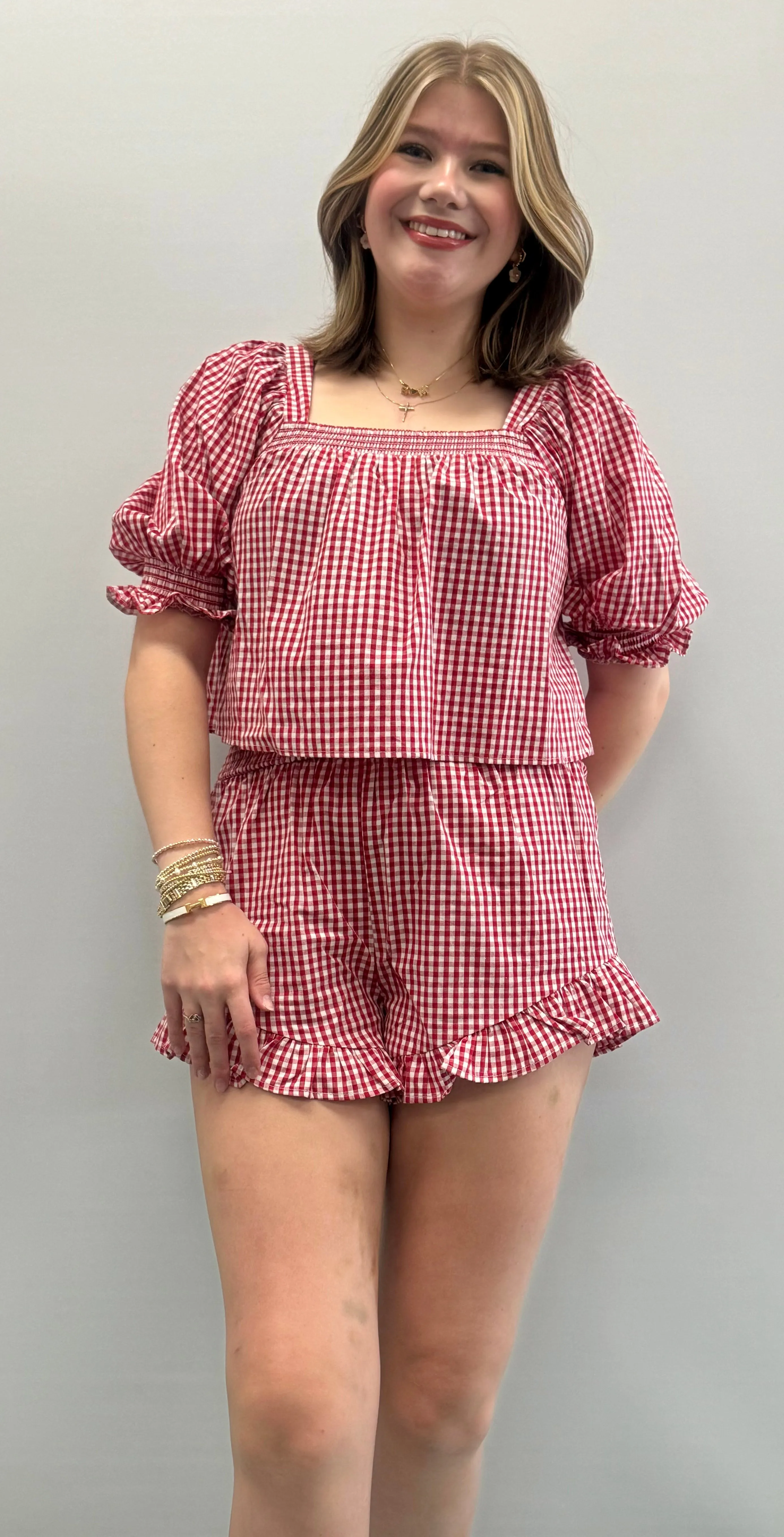 Square Neck Puff Sleeve Gingham Top