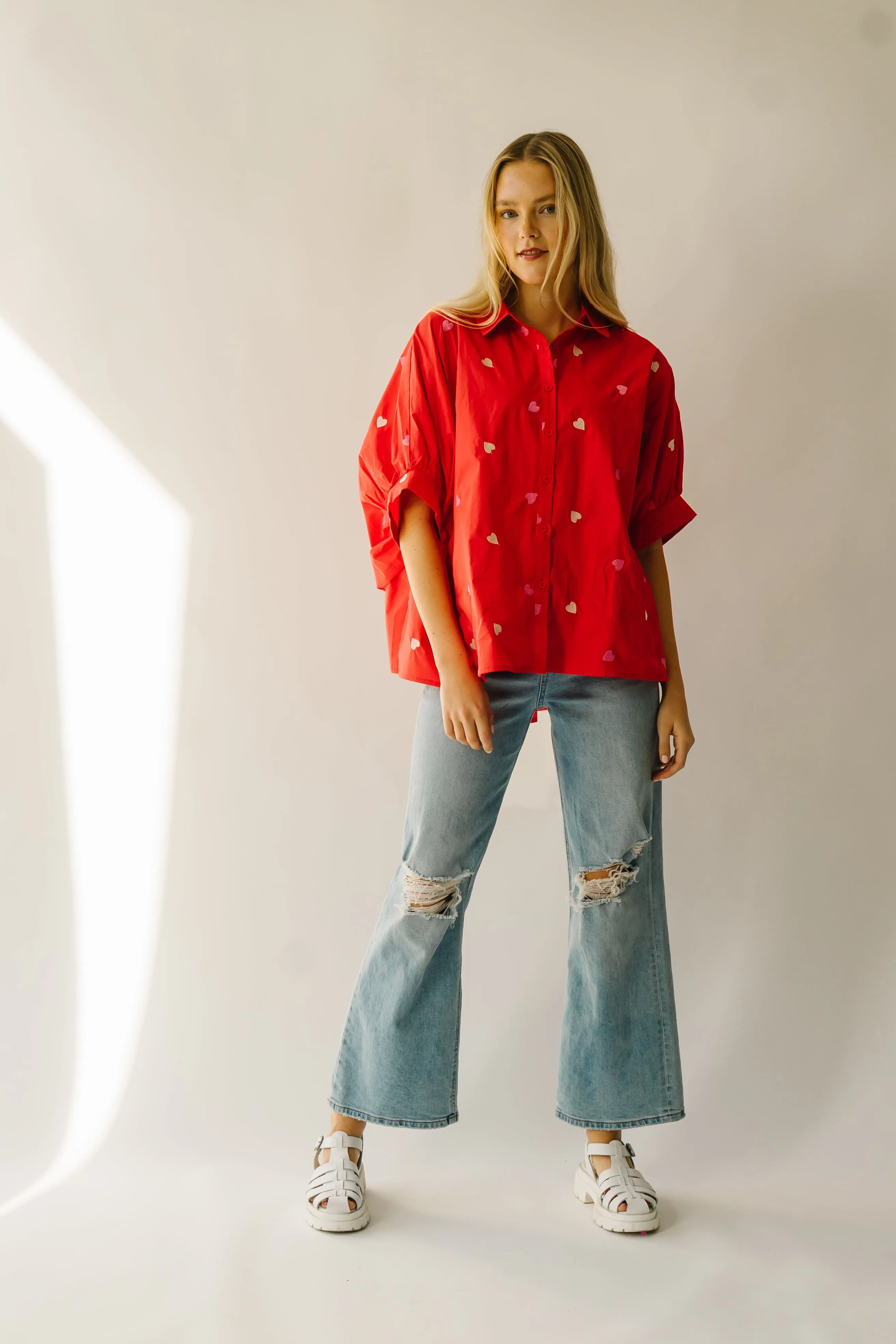 The Patoka Heart Embroidered Poplin Blouse in Red