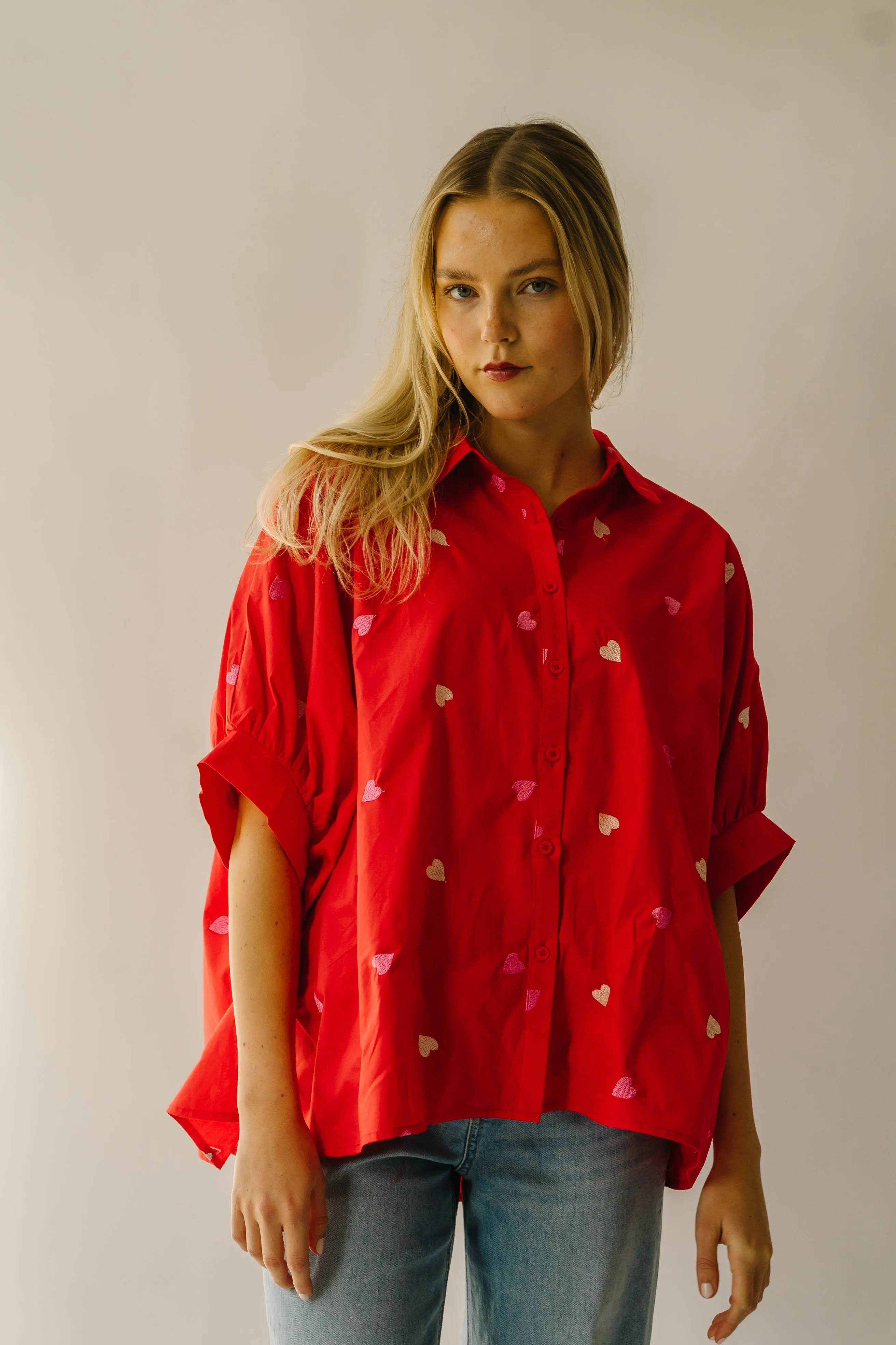 The Patoka Heart Embroidered Poplin Blouse in Red