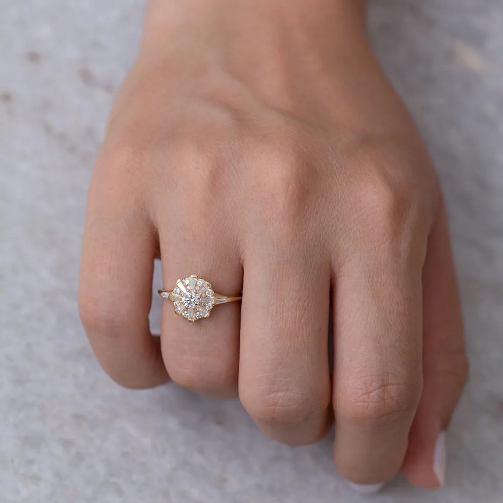 The Sun Temple Ring with Tapered Baguette Diamonds Halo