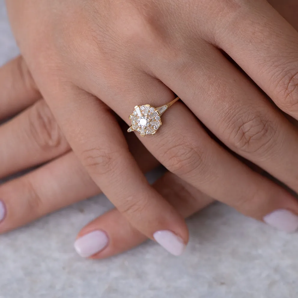 The Sun Temple Ring with Tapered Baguette Diamonds Halo