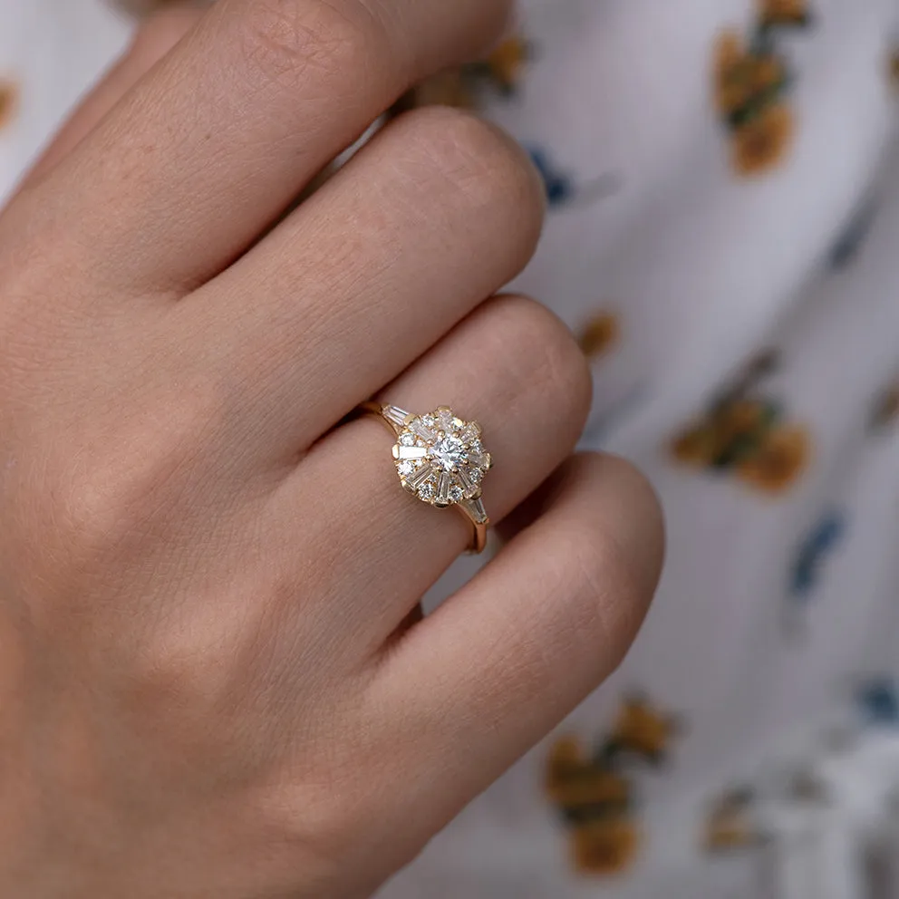 The Sun Temple Ring with Tapered Baguette Diamonds Halo