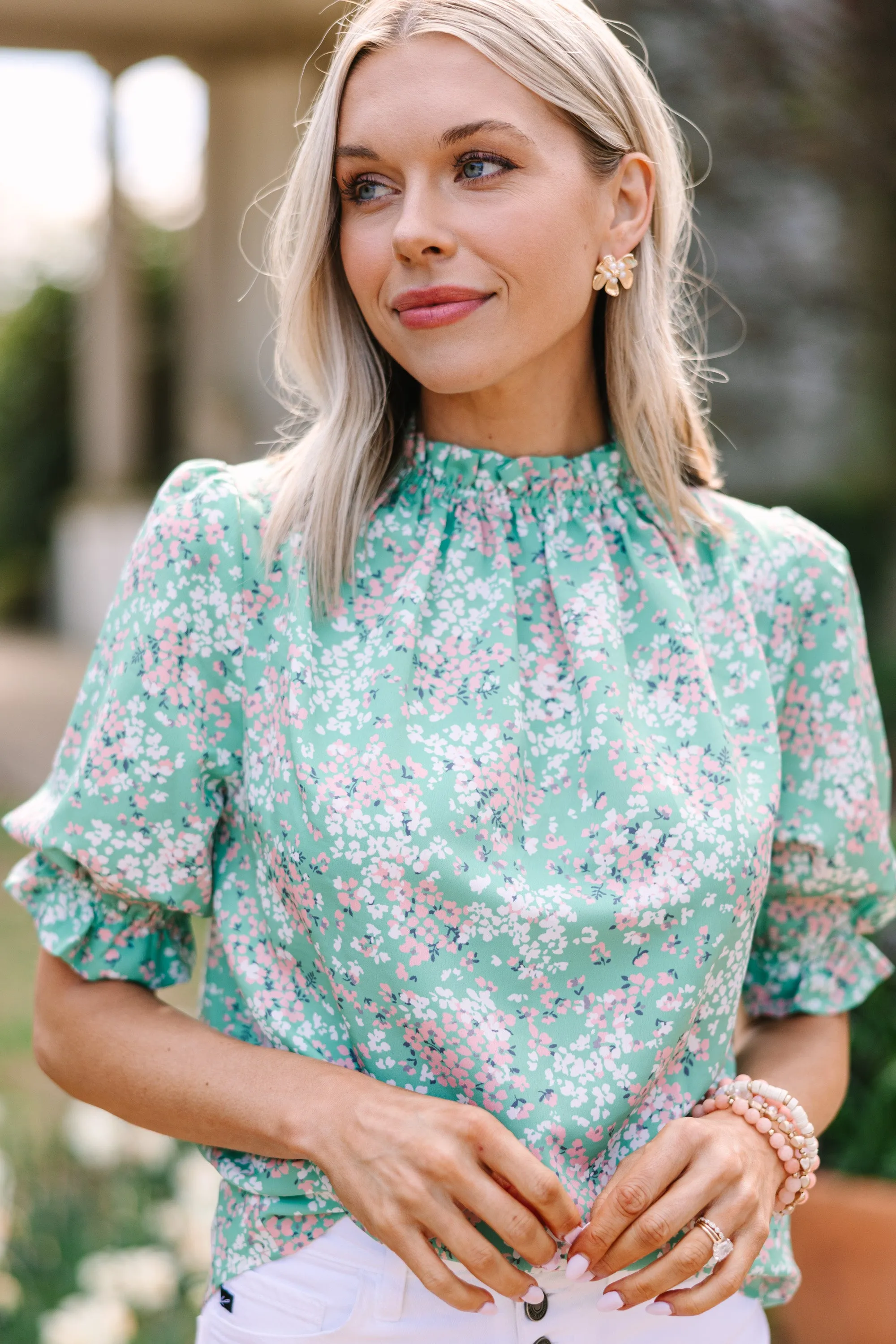 This Is The Time Green Ditsy Floral Blouse