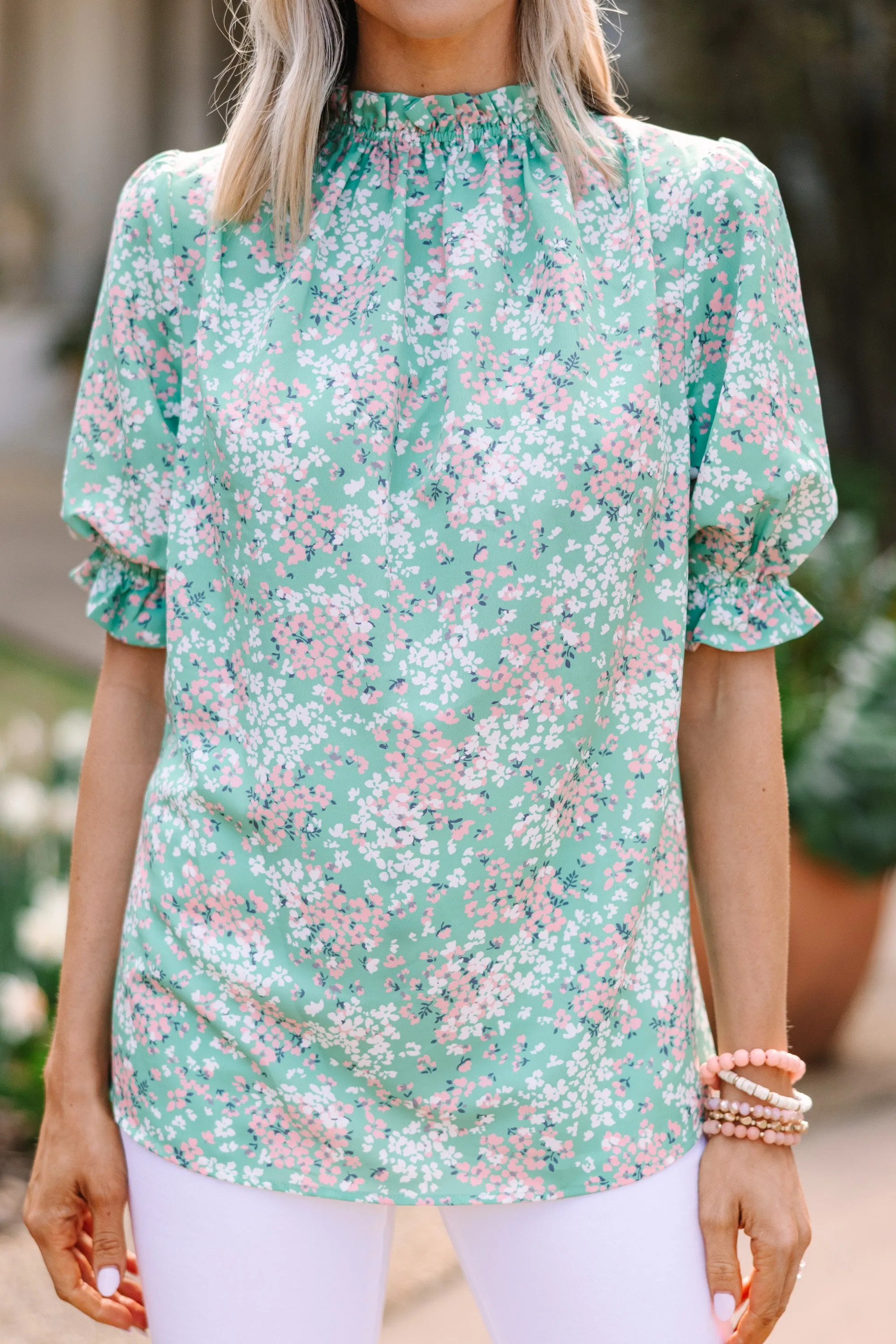 This Is The Time Green Ditsy Floral Blouse