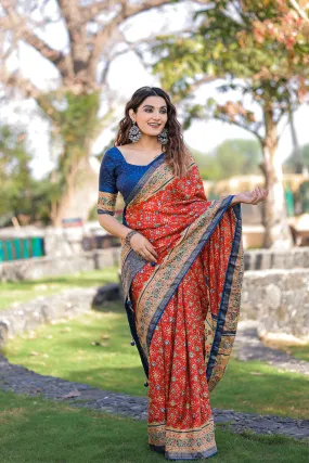 Trending Red Color Foil Printed And Stone Work Dola Silk Saree