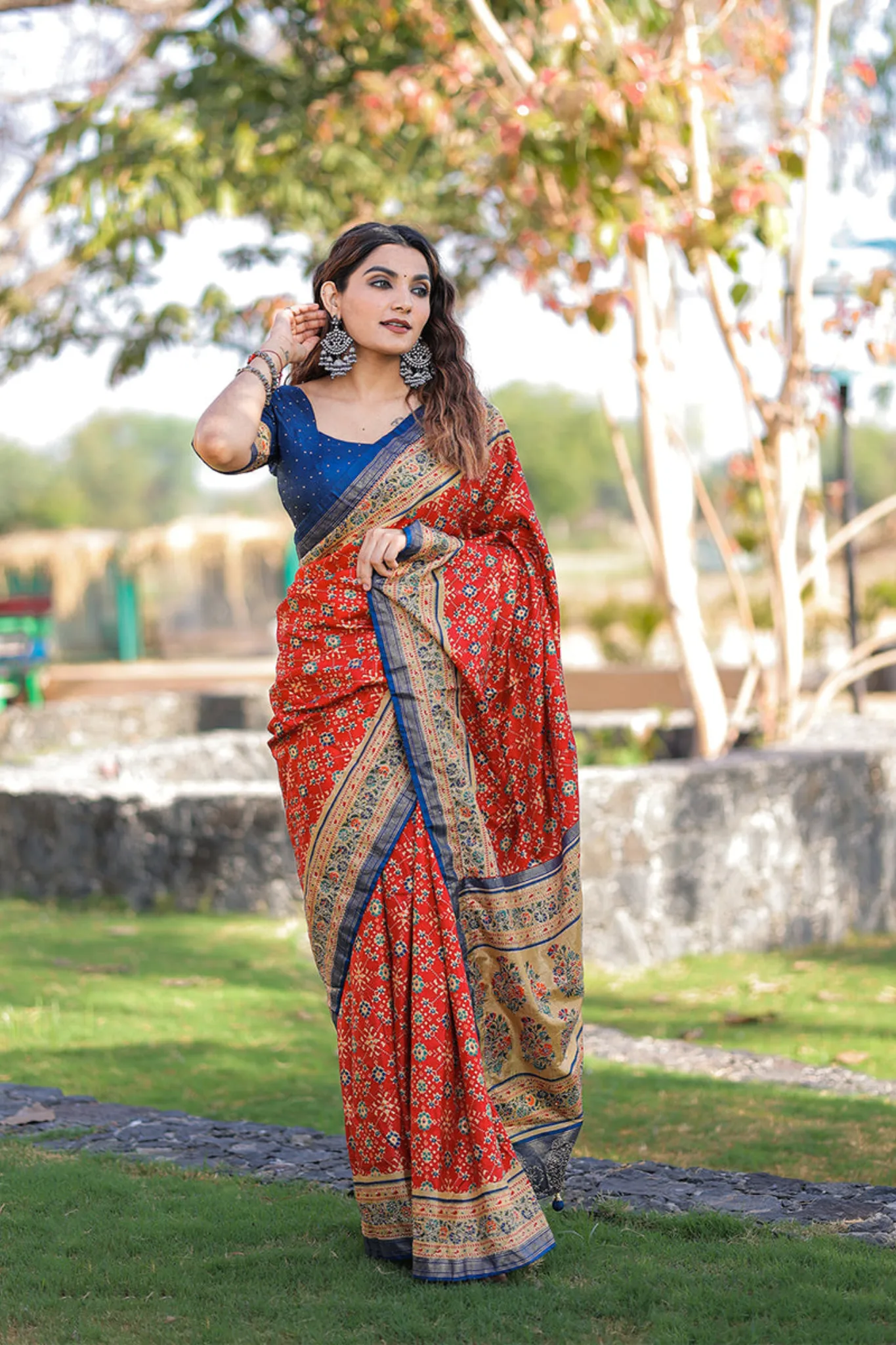 Trending Red Color Foil Printed And Stone Work Dola Silk Saree