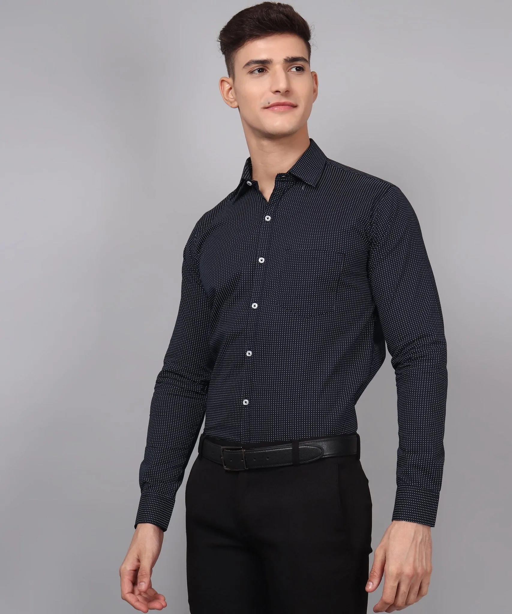 TryBuy Premium Pure Cotton Dot Printed  Navy Blue Button-Up Shirt For Men