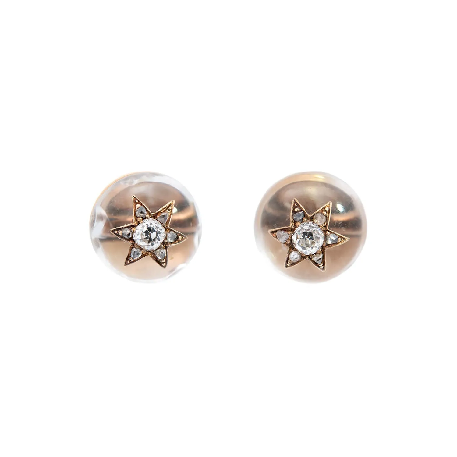 Victorian 14k Rock Quartz Crystal   Diamond Star Stud Earrings