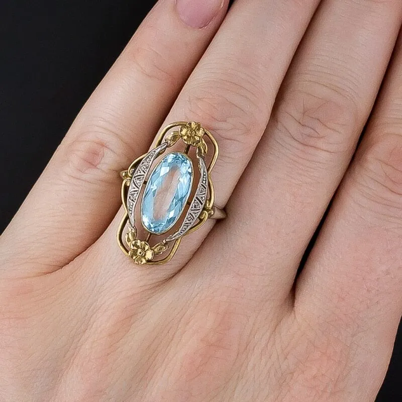 Vintage Aesthetic Flower Design Aquamarine Ring