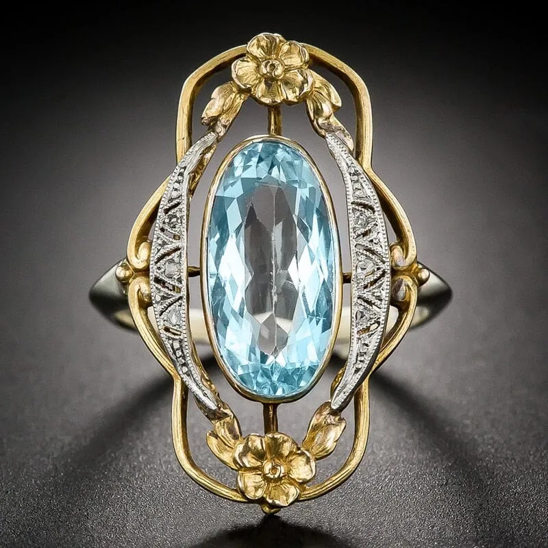 Vintage Aesthetic Flower Design Aquamarine Ring