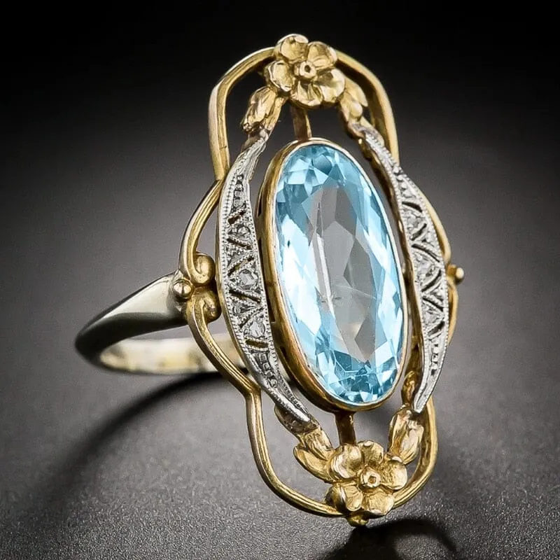 Vintage Aesthetic Flower Design Aquamarine Ring