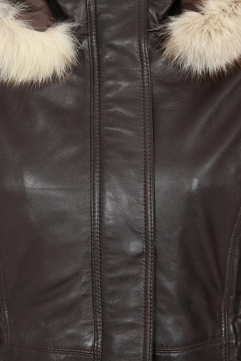 Women's Detachable Fur Trimmed Hood Brown Real Leather Jacket Coat - 'BARBARA'