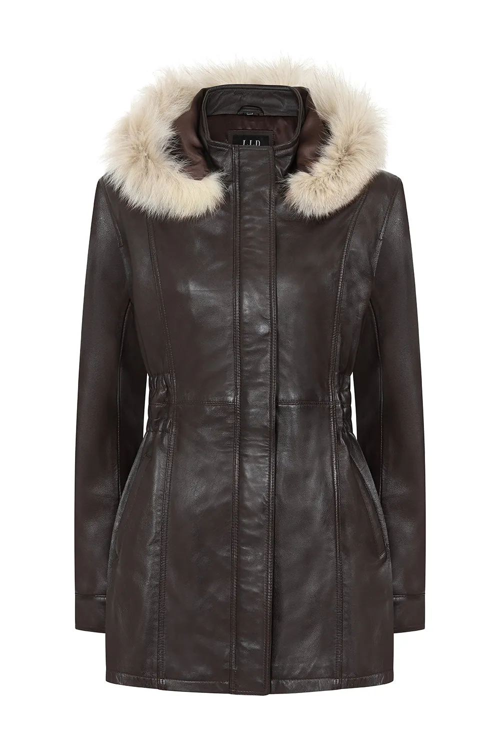 Women's Detachable Fur Trimmed Hood Brown Real Leather Jacket Coat - 'BARBARA'