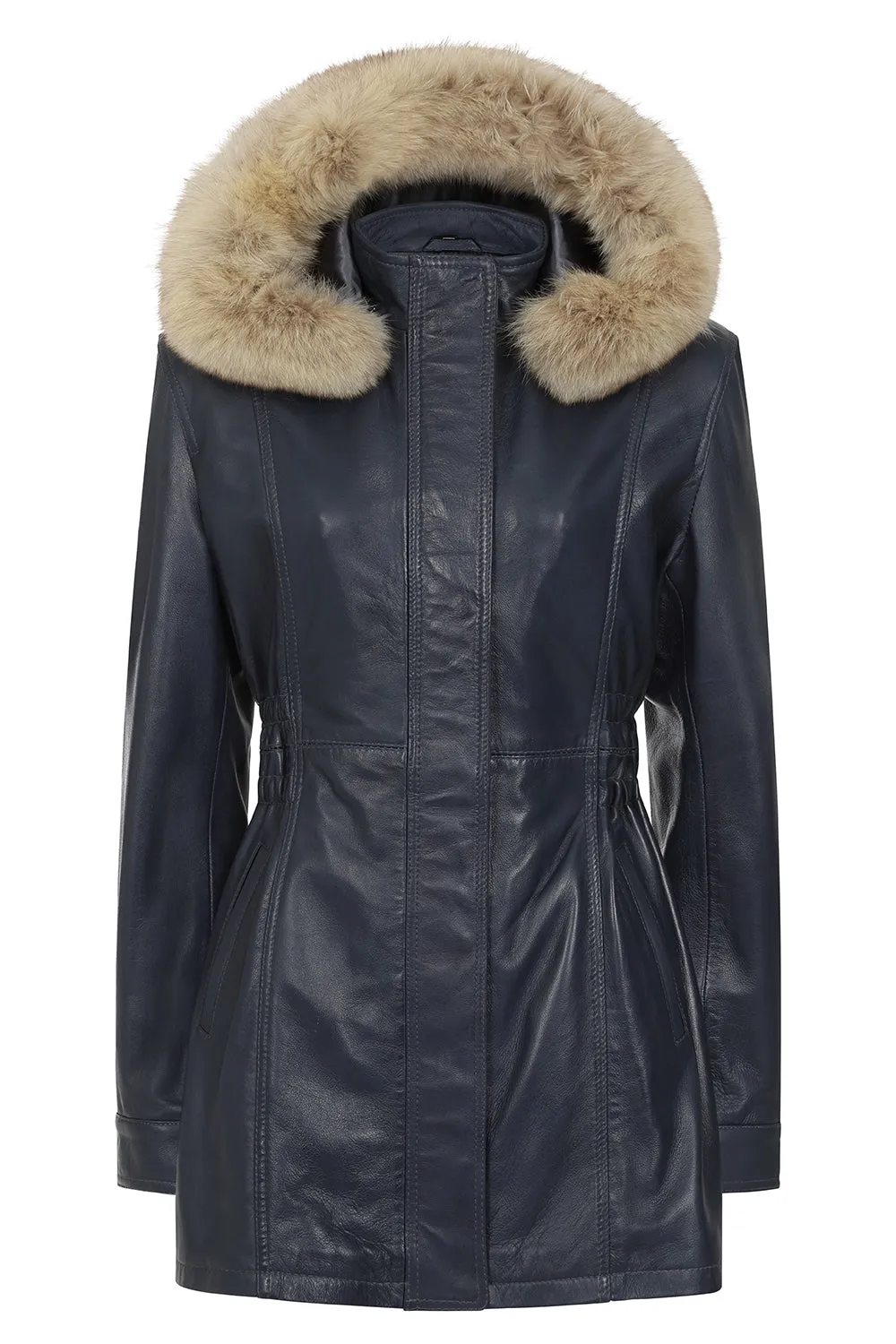 Women's Detachable Fur Trimmed Hood Navy 'Sky' Blue Leather Jacket Coat - 'BARBARA'